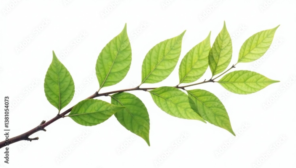 Fototapeta premium A curved branch with leaves against a white background, twigs, branch
