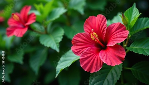 Bold hibiscus blooms, lush green leaves, vibrant tropical style, bloom, design element