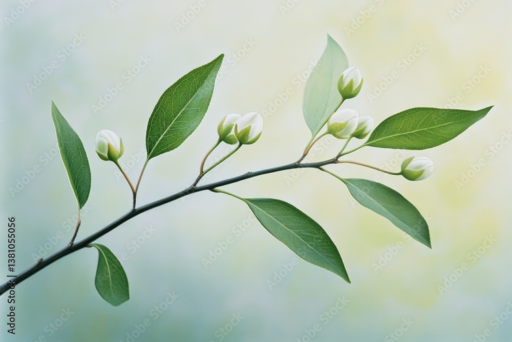 capture close-up of emerging spring buds on green branch set against blurred background with vibrant color gradations capture close-up of emerging spring buds on green branch set against blurred background with vibrant color gradations