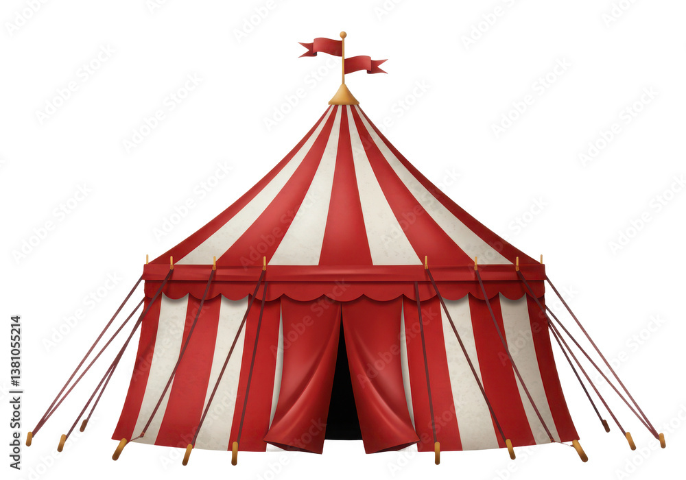A red and white striped circus tent with flags on top against black background A red and white striped circus tent with flags on top against black background