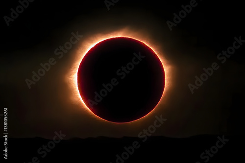 eclipse solar total, fotografía con poca luz, la corona es visible alrededor del sol con un círculo negro, son visibles las perlas de baily