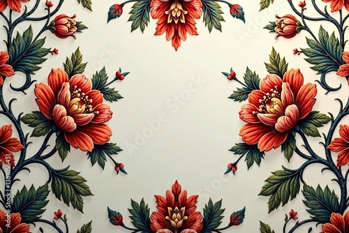 Elegant floral damask textile, intricate design, pattern, art, intricate
