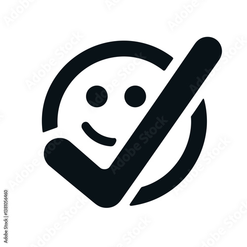 Happy Face Icon with Check Mark in Minimal Style  on a transparent background