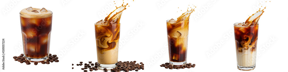 Four iced coffee variations with coffee beans. Four iced coffee variations with coffee beans.