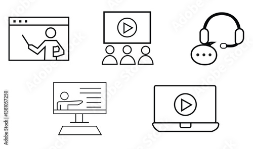 Modern Office Technology and Business Outline Vector Icons Set

