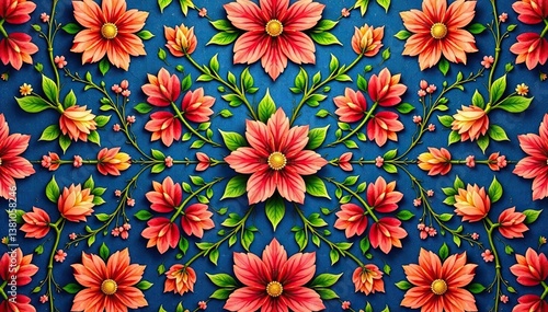 Intricate floral textile design, repeating motif, design, seamless, close-up