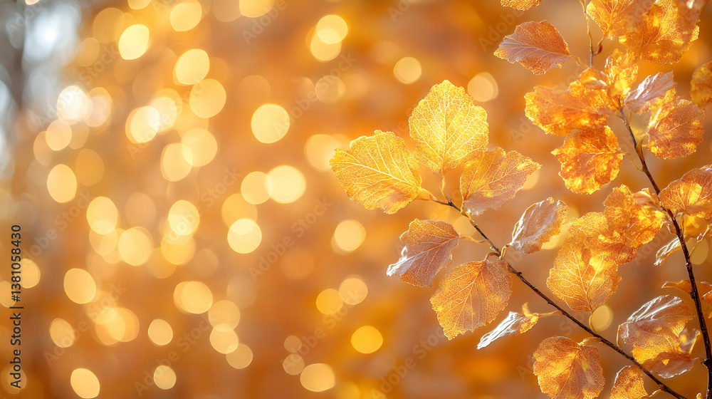 Golden Autumn Leaves Branch with Bokeh Lights Background Golden Autumn Leaves Branch with Bokeh Lights Background