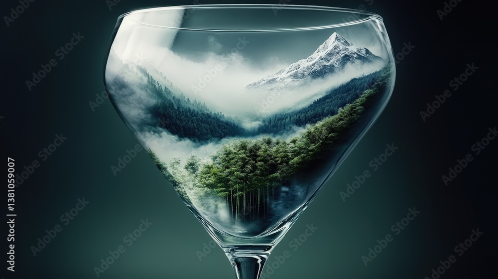 This mesmerizing image features a mountain landscape encased within a wine glass, blending nature and artistry in an incredible visual representation of serenity and beauty. This mesmerizing image features a mountain landscape encased within a wine glass, blending nature and artistry in an incredible visual representation of serenity and beauty.