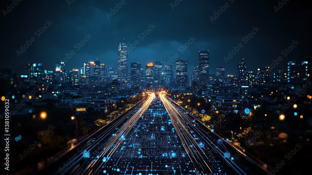 Fototapeta premium Night Cityscape: Futuristic Highway and Skyline