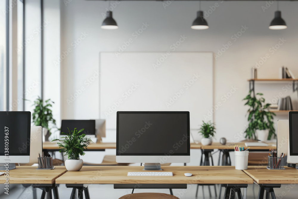 Fototapeta premium A modern office space with wooden desks, desktop computers, potted plants, and shelves background. room is well lit with natural light and hanging