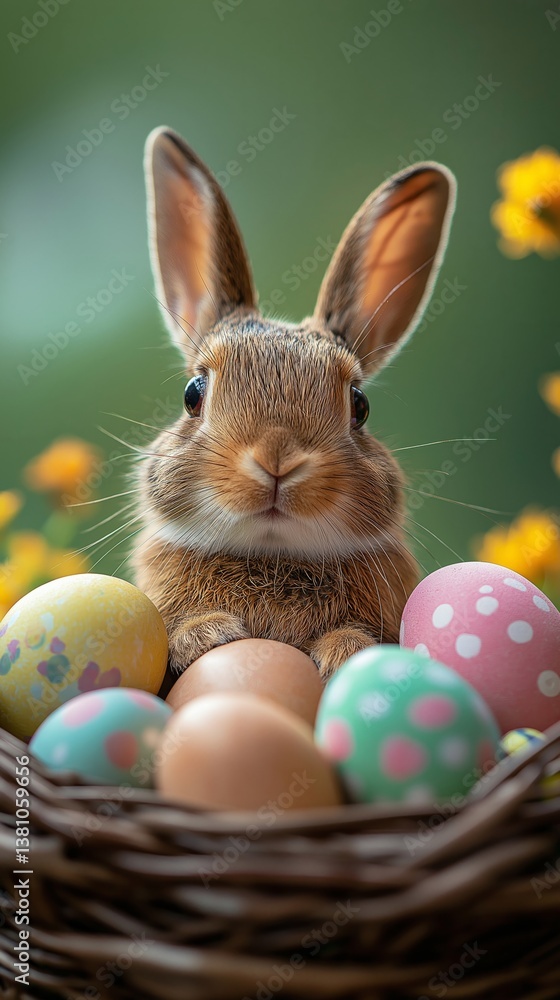 Playful easter scene with rabbit and colorful eggs for festive spring celebrations
