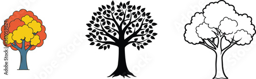 Three Tree Illustrations Autumn, Silhouette, Outline Drawings