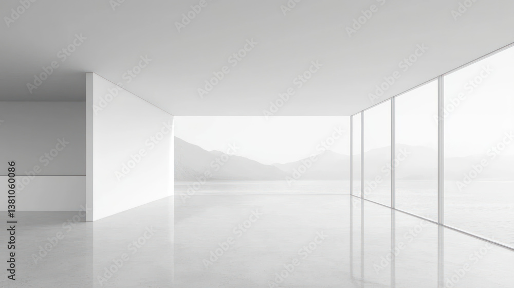 Obraz premium A minimalistic, modern interior with large floor to ceiling windows showcasing serene mountain view. space is bright, open, and filled with natural