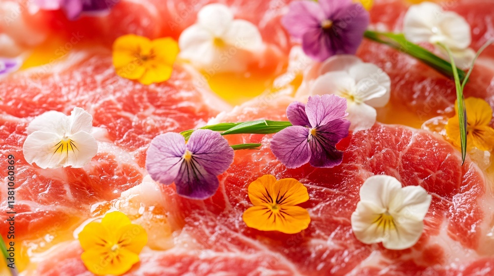 Exquisite Wagyu Tataki Infused with Ponzu Sauce and Garnished with Edible Flowers Exquisite Wagyu Tataki Infused with Ponzu Sauce and Garnished with Edible Flowers