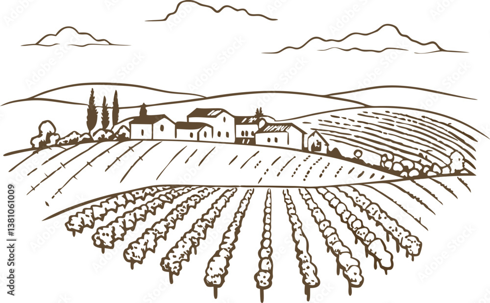 Obraz premium Rustic vineyard landscape with hills and village, line art drawing