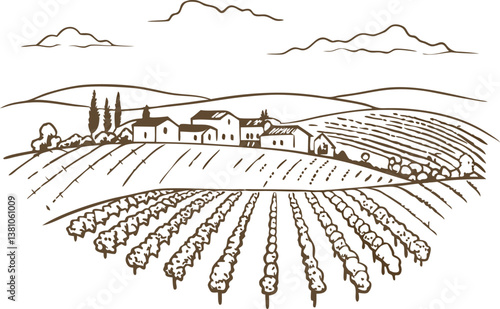 Rustic vineyard landscape with hills and village, line art drawing