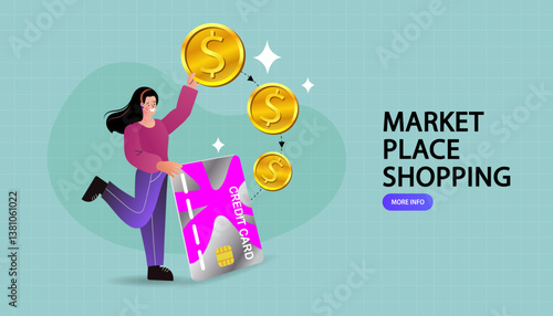 Financial empowerment in e-commerce. A confident woman gets cashback coins from online shopping with her credit card. Vector for marketplace rewards, digital payment, and customer loyalty.