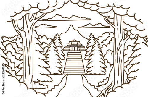 Nature landscape with mountain, forest, and trail under cloudy sky