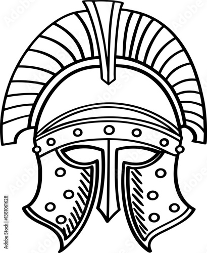 ancient roman helmet illustration with decorative crest and metalwork details