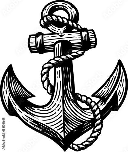 nautical anchor with rope, vintage maritime illustration, black and white design
