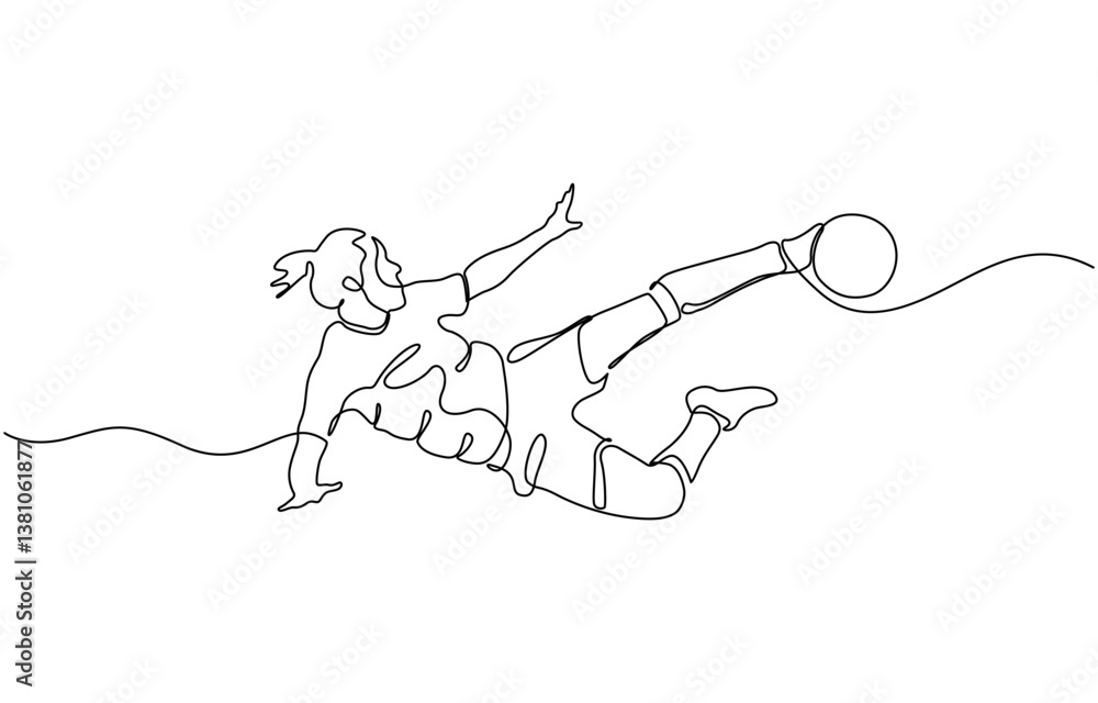 Continuous line drawing of football player jump and fly to kicking ball, Single one line art of young man soccer player dribbling and juggling ball. Vector illustration. Continuous line drawing of football player jump and fly to kicking ball, Single one line art of young man soccer player dribbling and juggling ball. Vector illustration.
