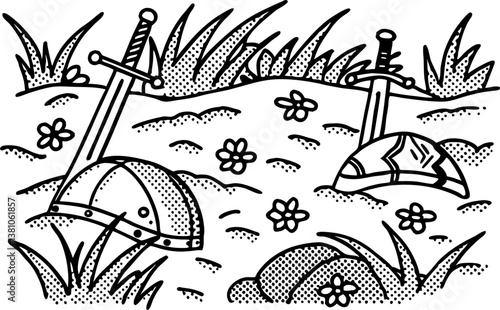 Retro medieval battle scene swords and helmet amid verdant turf in comic