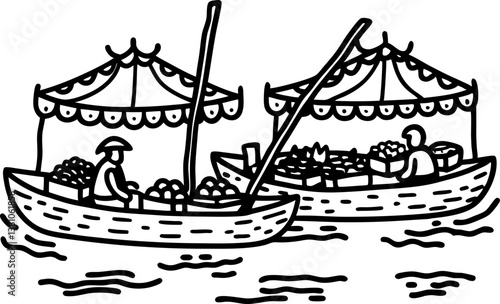 Floating market boats with vendors and produce in traditional line art illustration