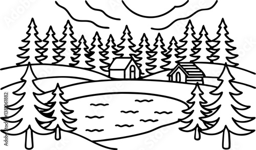 Cozy cabin by forest lake with pine trees under a cloudy sky in black and white line art