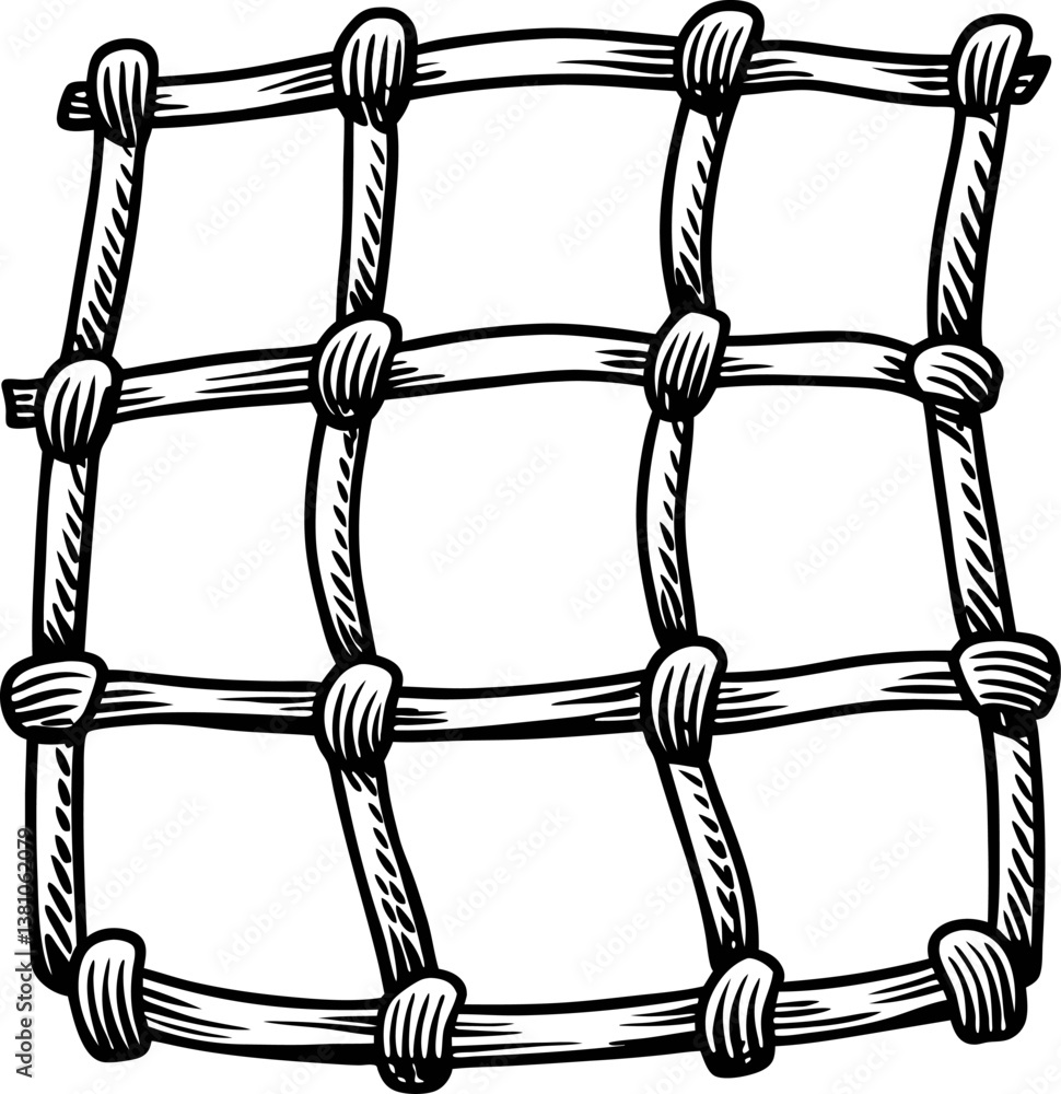 Fototapeta premium Hand drawn rope net with knots on white background, nautical and fishing equipment illustration