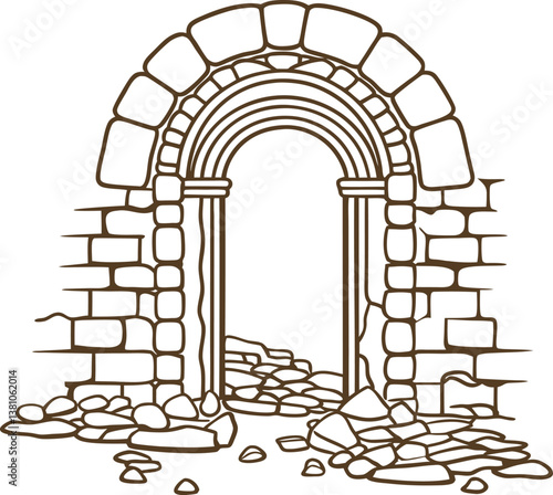 ancient stone archway with crumbling rock rubble, historical architecture line art illustration