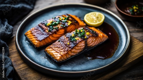 Grilled salmon fillets with lemon and herb garnish on ceramic plate