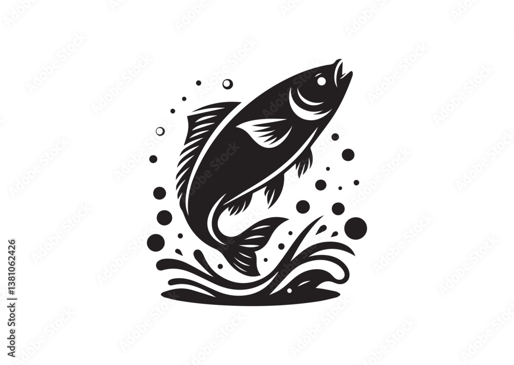Fototapeta premium Fish jumping silhouette black Vector white Background