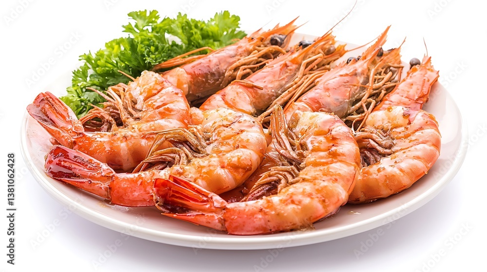 Cooked prawns on a plate. Fresh, flavorful, and delicious. Served with garnish Cooked prawns on a plate. Fresh, flavorful, and delicious. Served with garnish