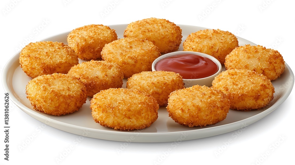 Crispy, golden-brown, round food items served on a plate with dipping sauce Crispy, golden-brown, round food items served on a plate with dipping sauce