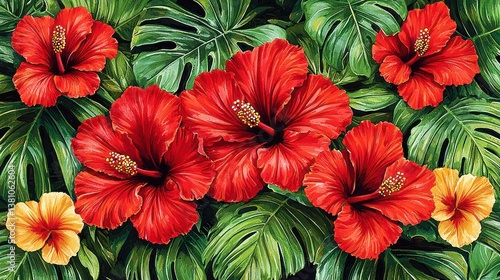 Wallpaper Mural Vibrant Hibiscus Blooms in Lush Tropical Foliage: A Botanical Masterpiece Torontodigital.ca