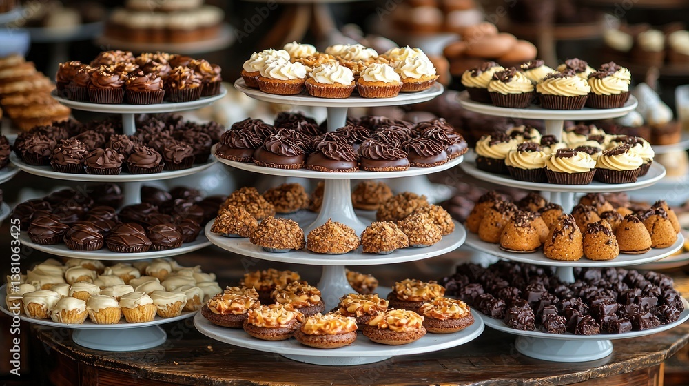 A delightful tiered display showcasing an assortment of delectable cupcakes, brownies, and other sweet treats, perfect for a wedding or special event. A delightful tiered display showcasing an assortment of delectable cupcakes, brownies, and other sweet treats, perfect for a wedding or special event.