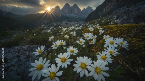 Wildflowers bloom on a mountain meadow at sunrise.  Sunlight streams through dramatic peaks