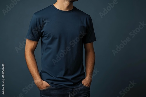 A person wearing a navy blue t shirt with jeans on