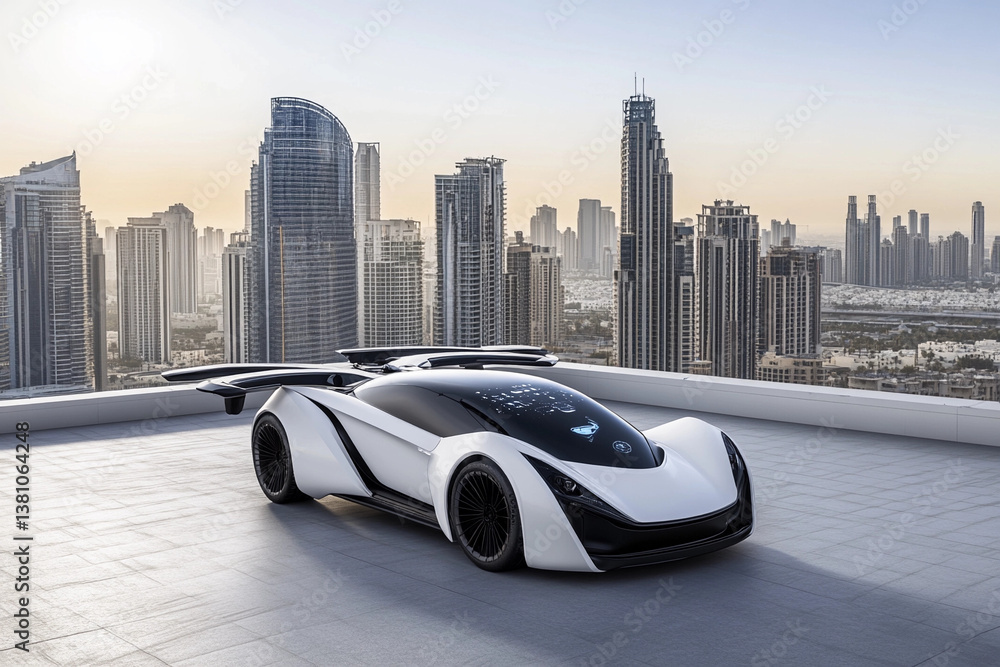 Naklejka premium Flying car prepares for landing on futuristic rooftop during sunset in a bustling metropolis