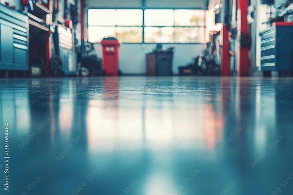 Fototapeta premium Industrial Workshop Interior with Clean Floor and Tools in Background