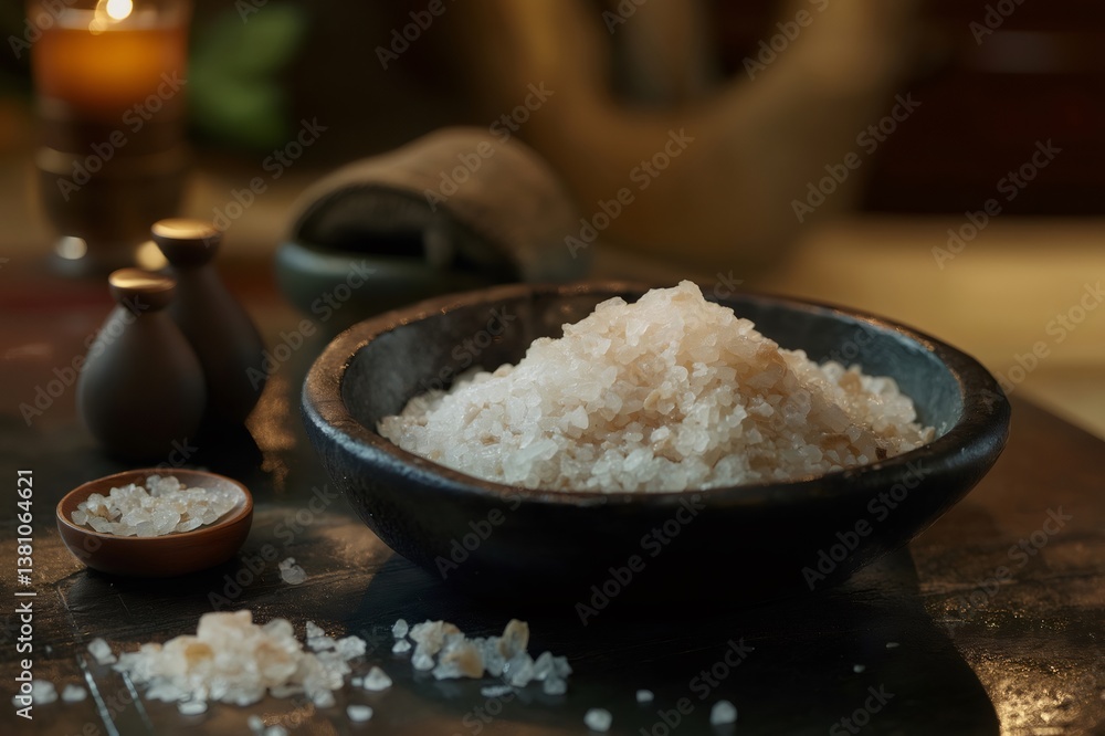 Himalayan pink salt crystals in a bowl on a spa table, surrounded by essential oils, a candle, and a towel, evoke relaxation Himalayan pink salt crystals in a bowl on a spa table, surrounded by essential oils, a candle, and a towel, evoke relaxation