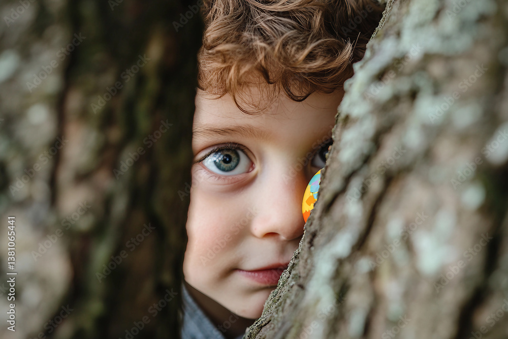 Cute child smiling on grass during colorful Easter egg hunt game with friends in spring holiday celebration, generative ai Cute child smiling on grass during colorful Easter egg hunt game with friends in spring holiday celebration, generative ai