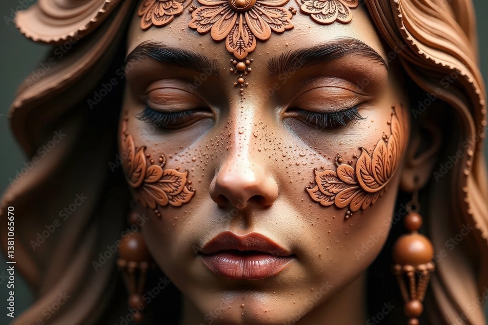 Intricate floral motif etched onto a clay visage, floral, close-up