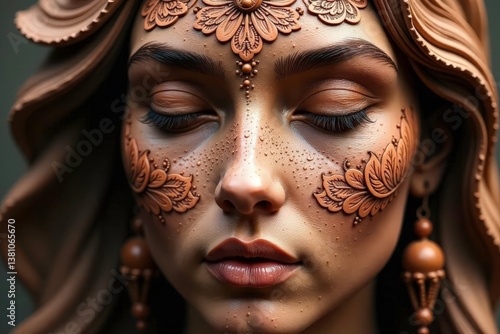 Obraz na płótnie Intricate floral motif etched onto a clay visage, floral, close-up w salonie