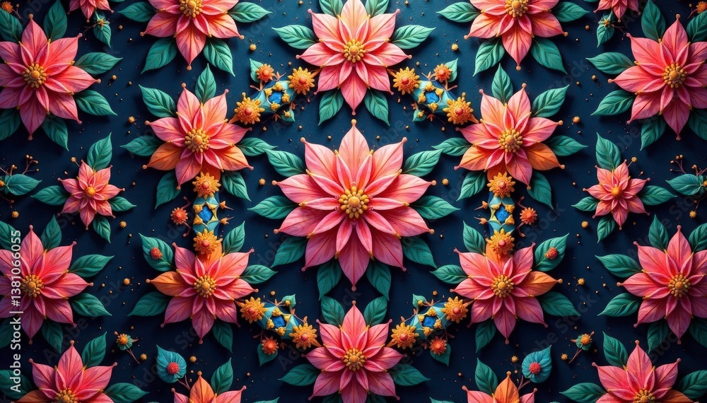 Intricate floral motif within a repeating geometric hexagon , hexagonal, bright, digital