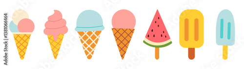 A row of cartoon ice cream cones and a watermelon popsicle. The ice cream cones are pink and blue, and the watermelon popsicle is green