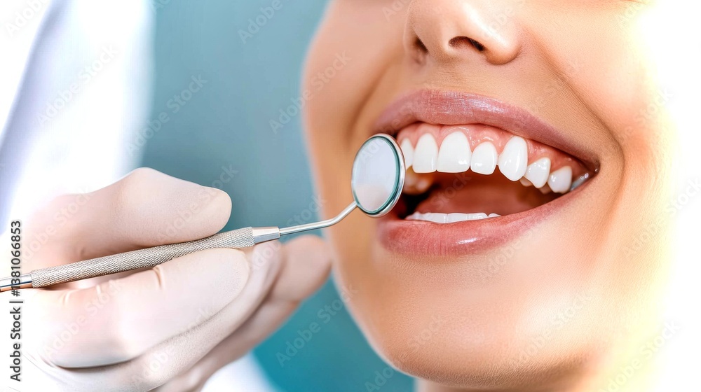 Fototapeta premium Dentist provides a mirror to a patient during a dental check-up in a modern clinic