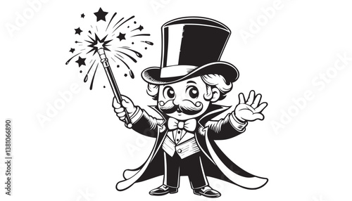 Vector illustration of cartoon magician black and white drawing For children to learn to color according to the picture