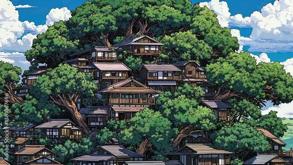 Enchanted Treetop Village: A Whimsical Illustration Enchanted Treetop Village: A Whimsical Illustration