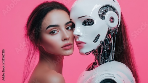 This captivating image highlights the close connection between a woman and a robotic entity, showcasing the blending of human emotion with technological advancement in society.